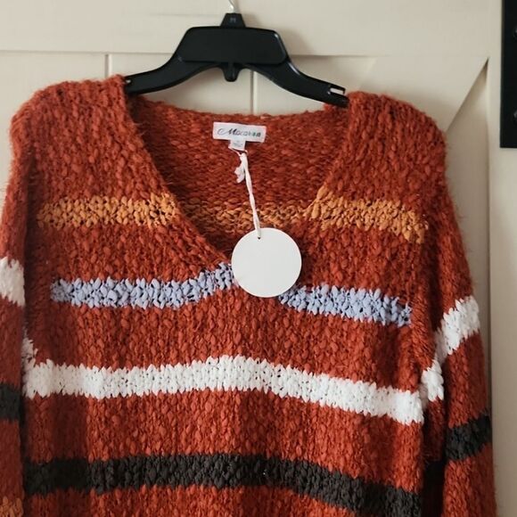 Macaron V Neck Long Striped Pulled Knit Sweater - Picture 4 of 8